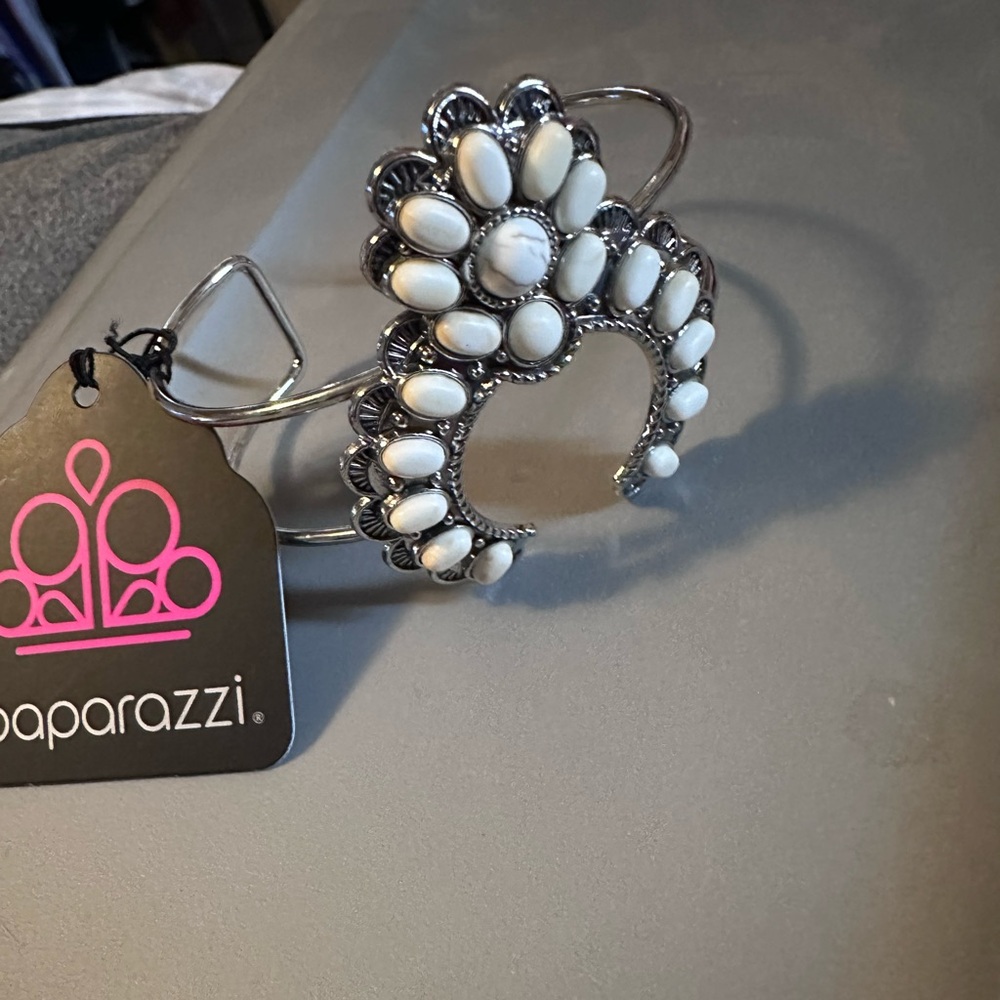 Paparazzi White and Silver Beaded Bracelet Cuff
